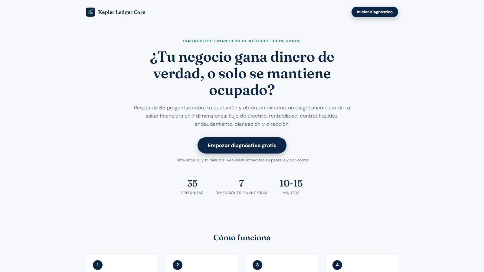 Kepler Ledger - Embudo de diagnóstico financiero desarrollado por Nebel Software