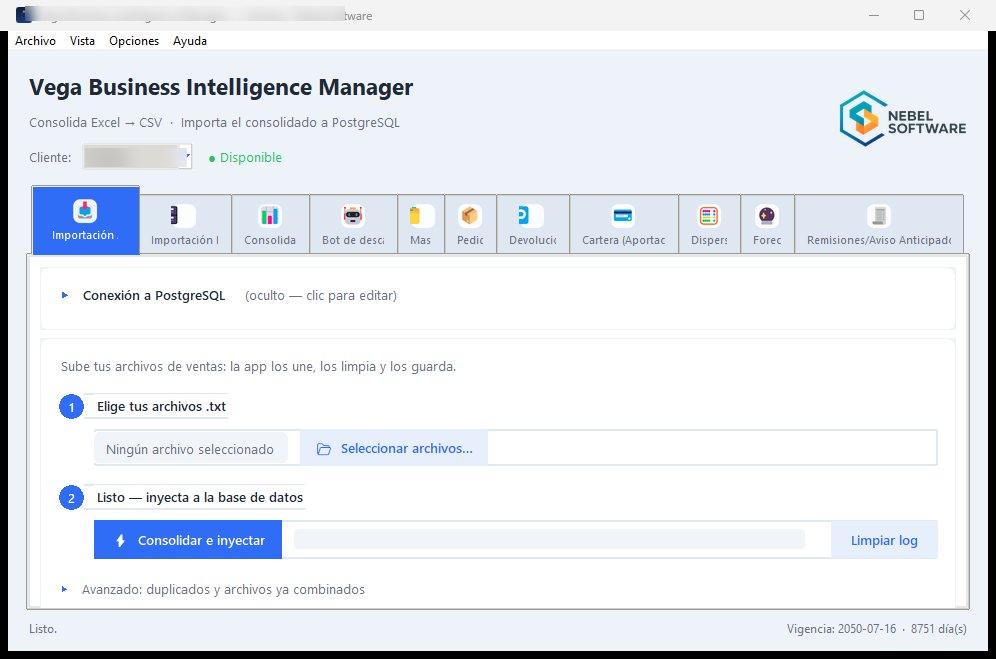 Vega BI Manager - Aplicación de escritorio de consolidación de sell-out desarrollada por Nebel Software